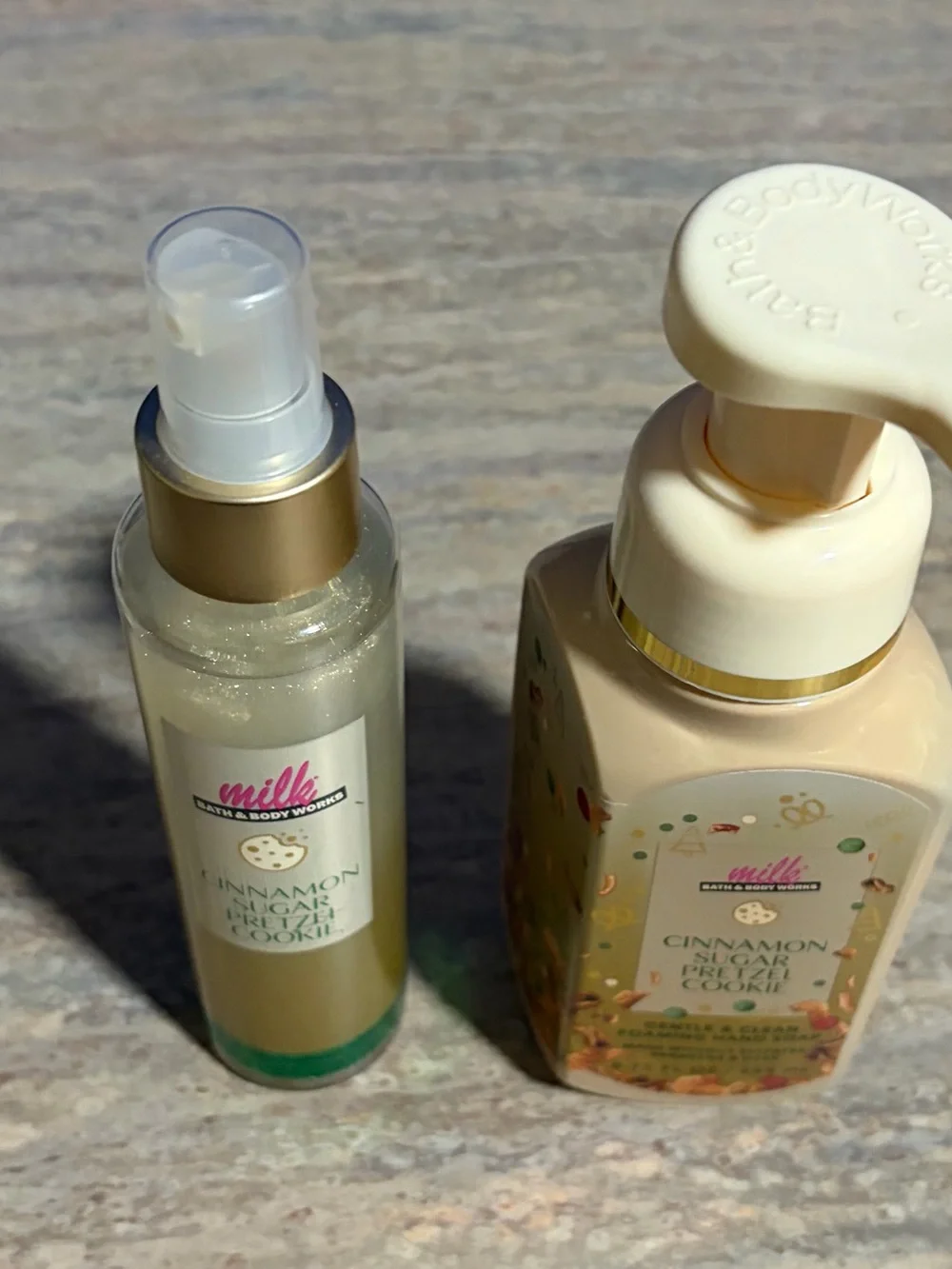 Bath & Body Works Milk Cinnamon Sugar Pretzel Cookie Soap & Diamond Shimmer Mist